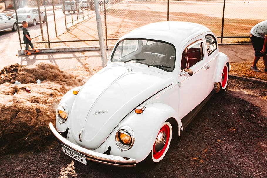 classic white Volkswagen Beetle coupe during daytime, vehicle