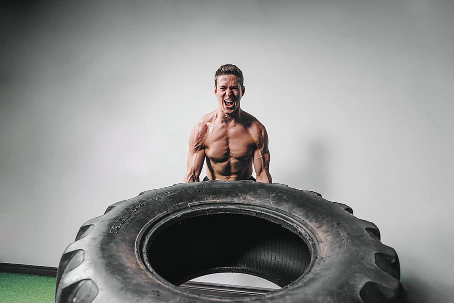 Man Lifts Tire Exercise Photo, Fitness, Men, Sports, Gym, Crossfit