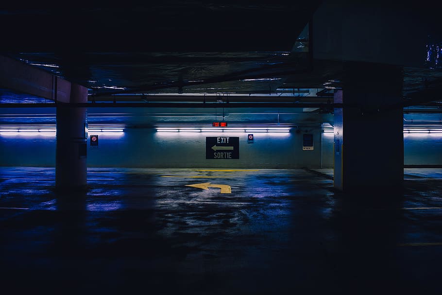 empty parking lot, light, parking garage, building, underground