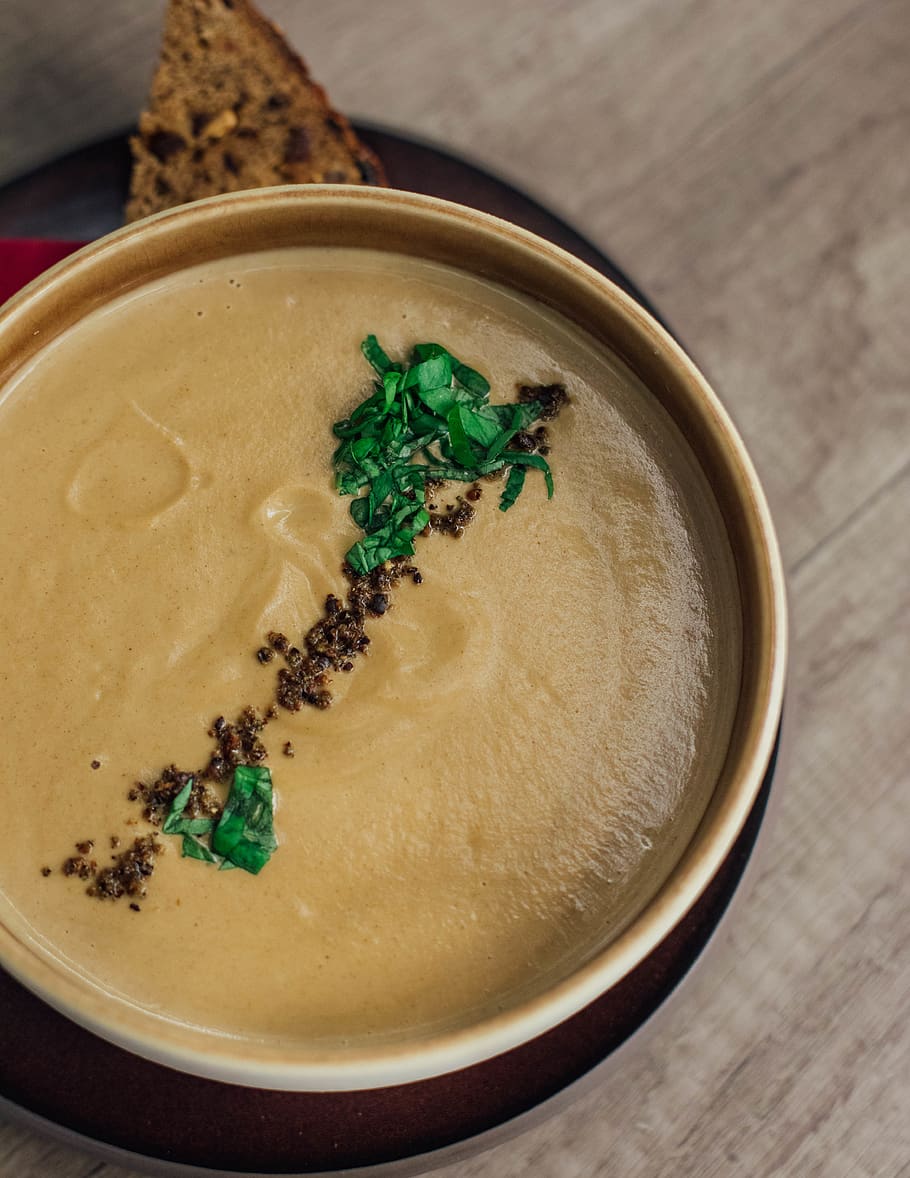 Green Leaves With Brown Soup, bowl, bread, container, cream, creamy HD wallpaper
