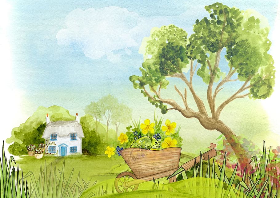 scenery, scenic, green, house, graphics, plant, green color HD wallpaper