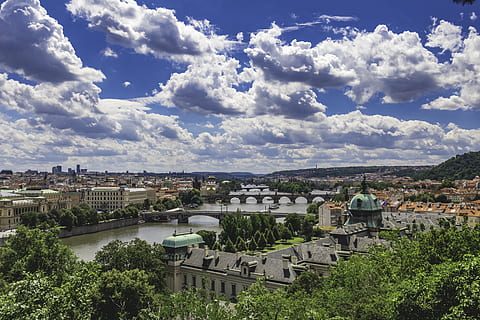 prague, czechia, prague 7, city, town, bridge, valta, roofs HD wallpaper