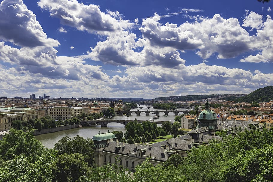 prague, czechia, prague 7, city, town, bridge, valta, roofs HD wallpaper