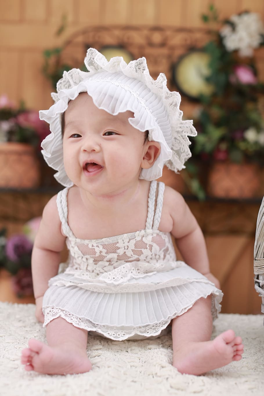 Baby in White Dress With White Headdress, adorable, beautiful HD wallpaper