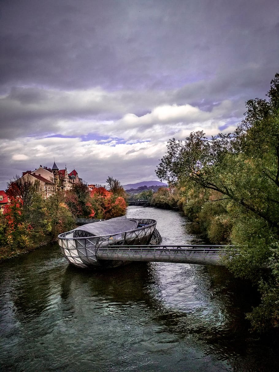 austria, graz, cloud, cloudscape, background, wallpaper, river HD wallpaper