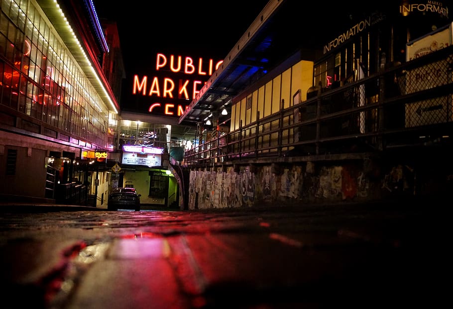 seattle, pike place market, united states, alley, night, downtown seattle