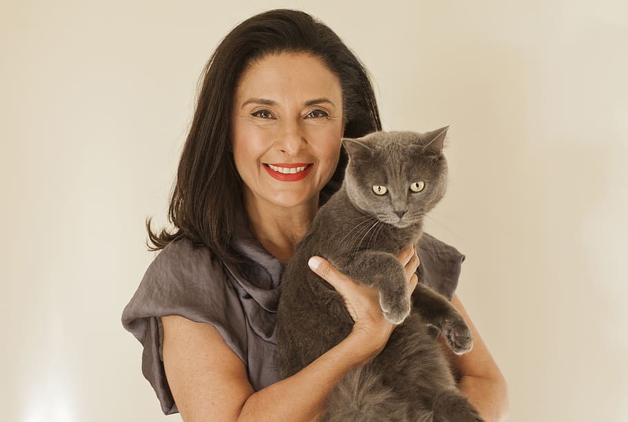 pretty, cute, beautiful, elegant, happiness, joy, woman, cat HD wallpaper