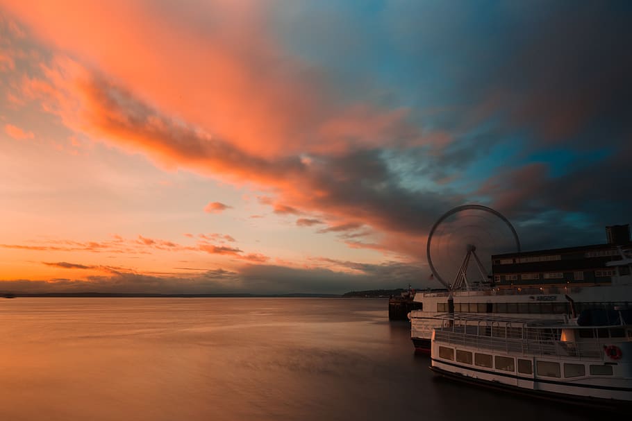 boat on dock during sunset, vessel, watercraft, ferry, transportation HD wallpaper