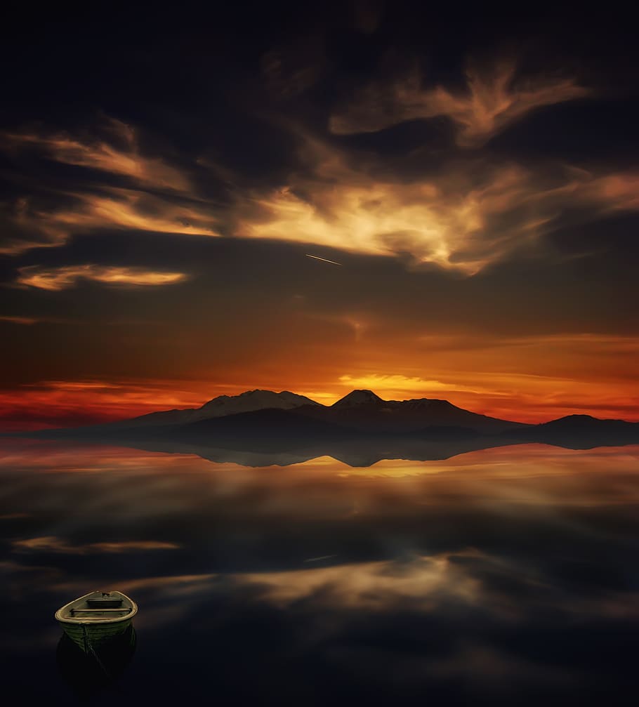 sunset, reflection, sea, calm, tranquility, sky, cloud - sky HD wallpaper