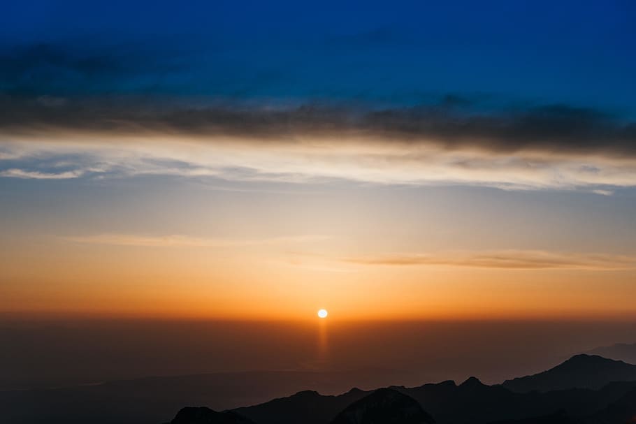 mountains during golden hour, nature, outdoors, sky, dusk, red sky HD wallpaper