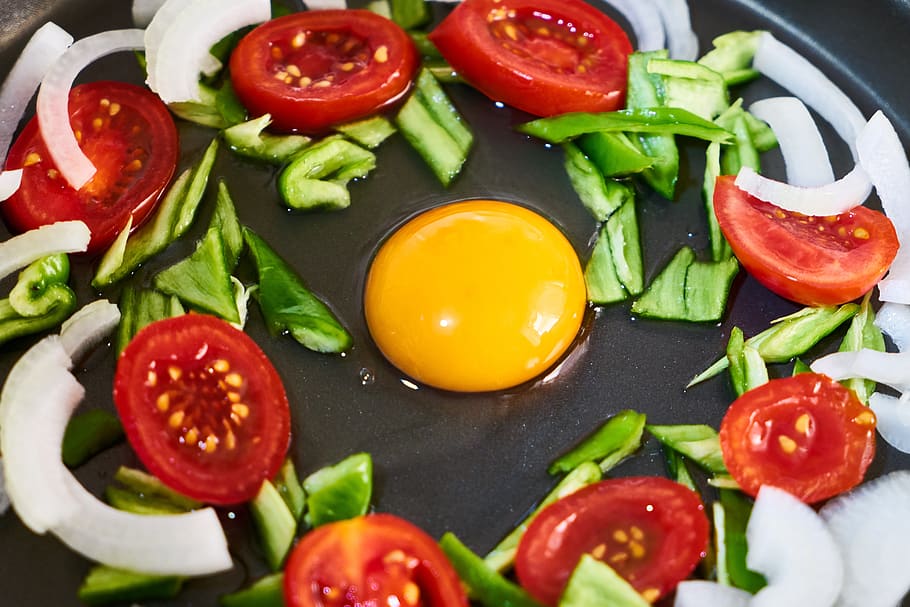 egg, vegetable, tomato, omelet, onion, macro, healthy, diet, HD wallpaper