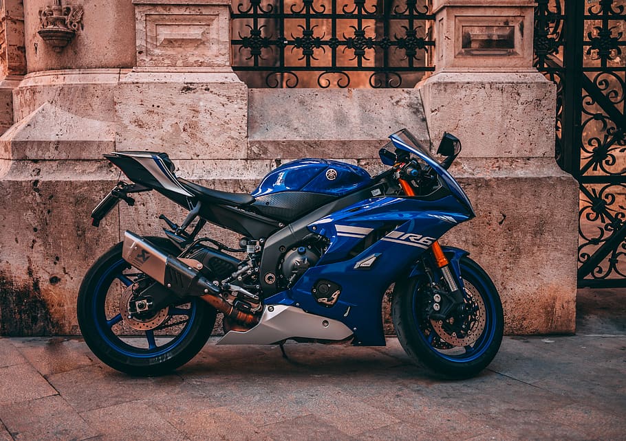 parked blue sports bike near black metal gate, transportation, HD wallpaper