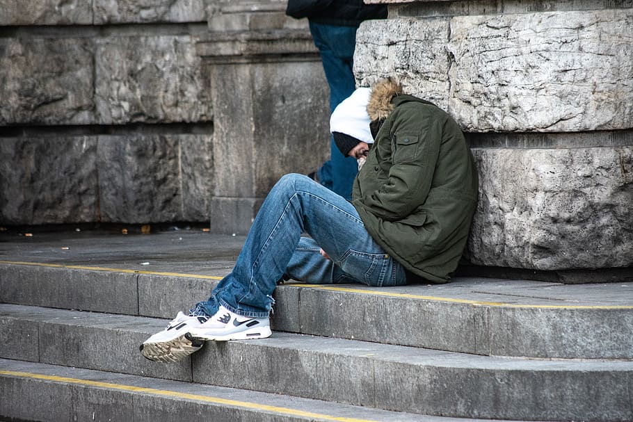 inequality, poverty, homeless, homeless people, staircase, sitting, HD wallpaper