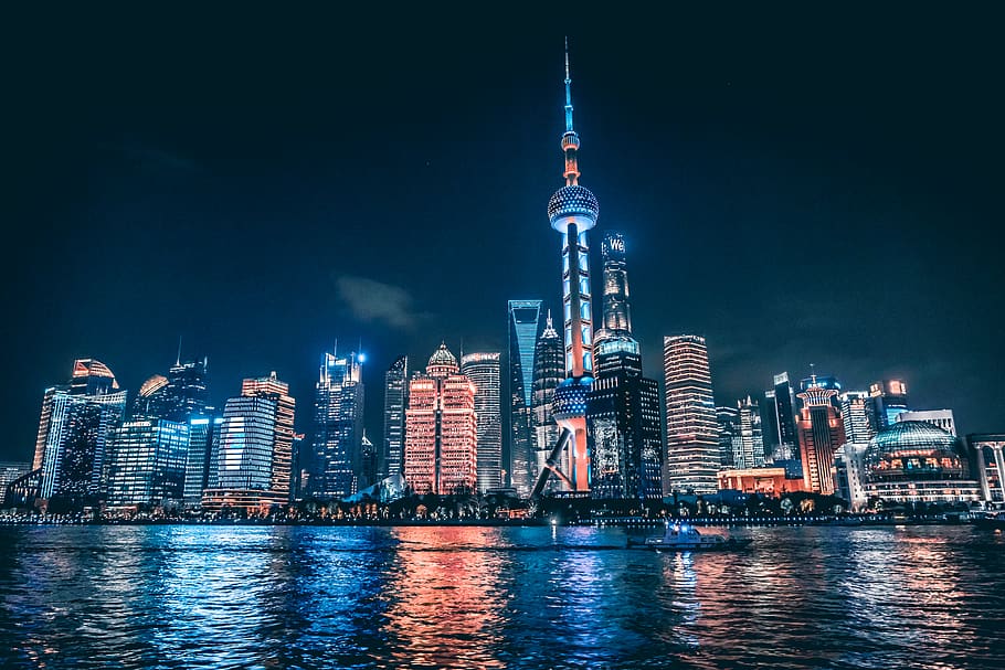 city skyline nighttime, building, town, urban, high rise, metropolis HD wallpaper