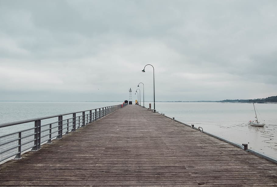 brown dock during daytime, water, sky, pier, sea, the way forward HD wallpaper