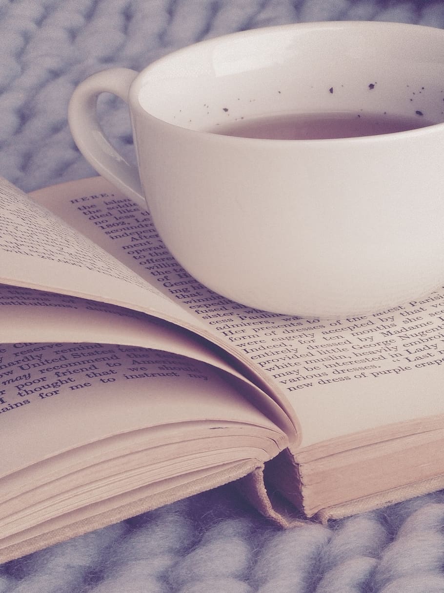 White Ceramic Cup on Top of Book, book pages, drink, hot, mug HD wallpaper
