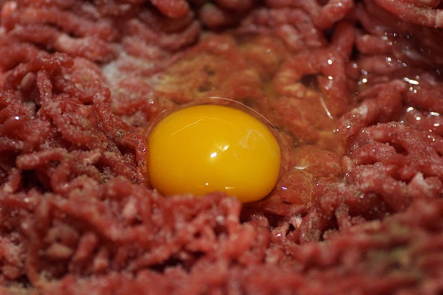meat, minced, preparation, raw, egg, cook, kitchen, home, spices HD wallpaper