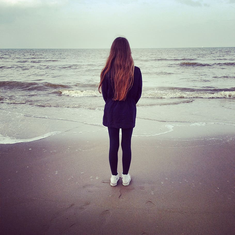 belgium, koksijde, oostduinkerke, centered, sea, girl, young HD wallpaper