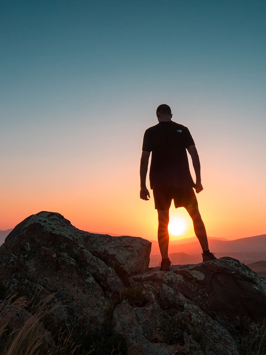man standing on boulder, person, human, people, georgia, silhouette HD wallpaper