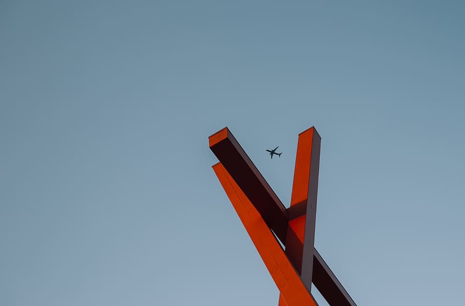 red wooden frame, sky, low angle view, no people, clear sky, air vehicle HD wallpaper