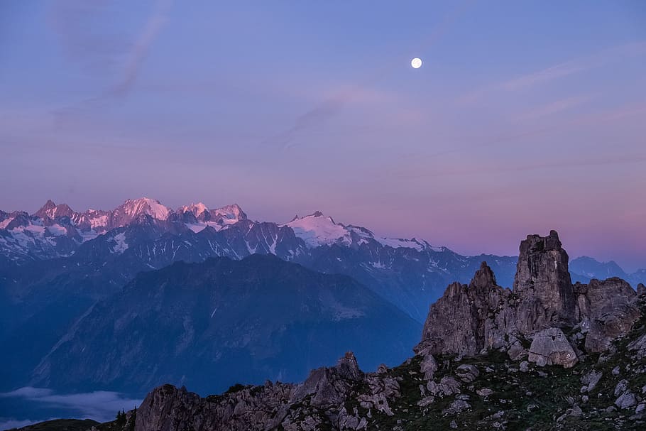 snow capped mountain under blue and gray skies, rock, sky, moon HD wallpaper