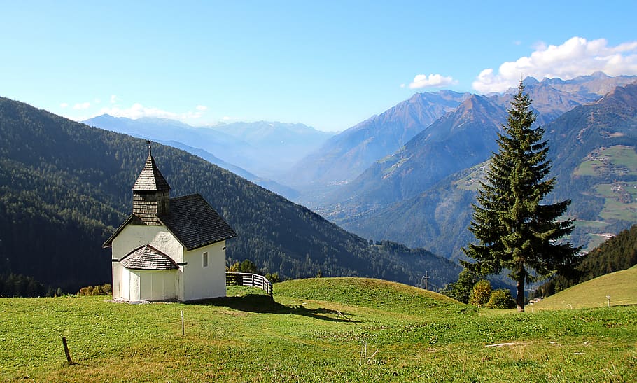 chapel, mountain, tree, mountains, alpine, church, nature, landscape HD wallpaper
