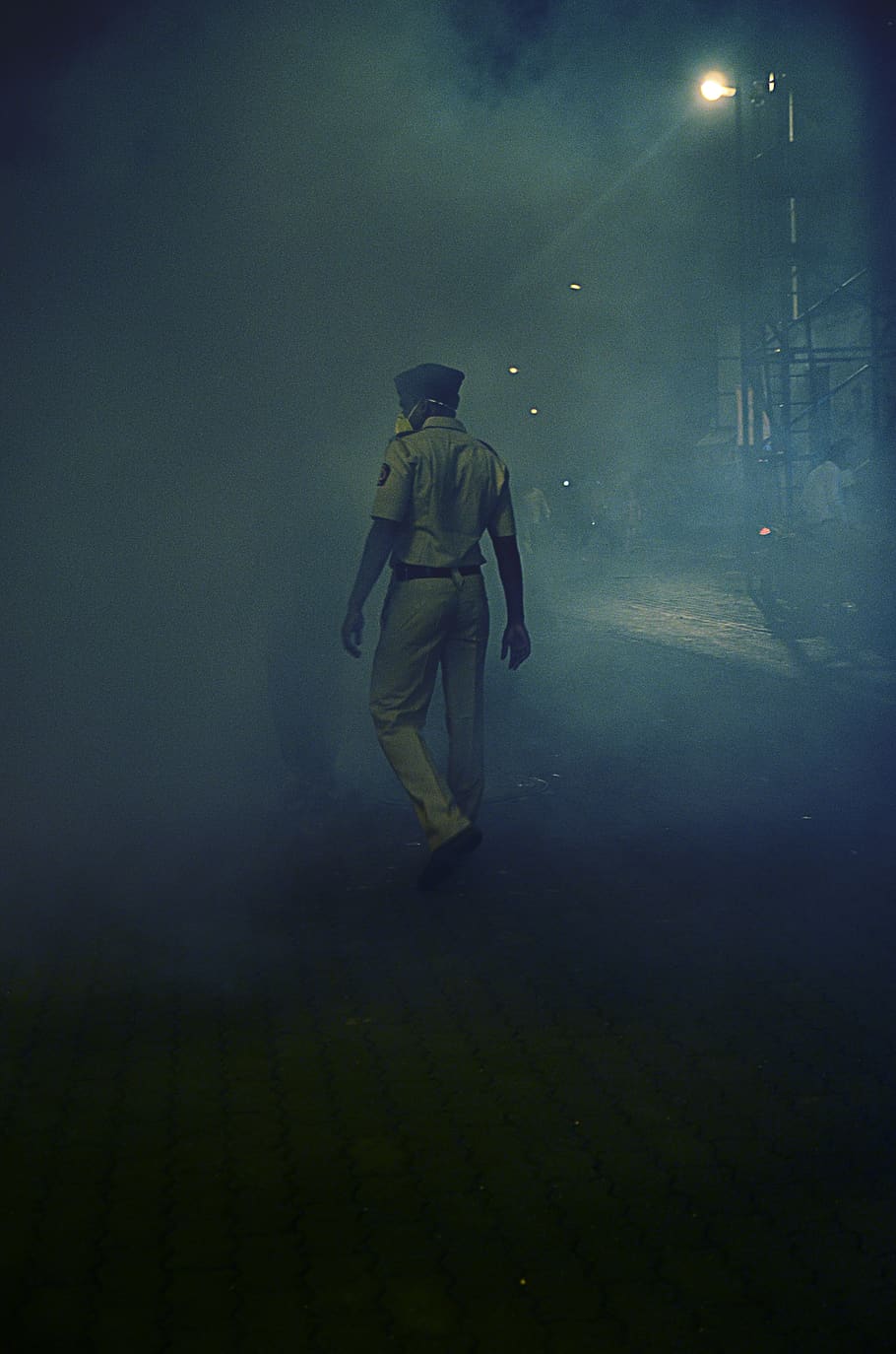 police, smoke, crowd, night, street, india, full length, one person HD wallpaper