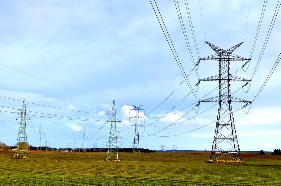 leżno, field, poles, cable, electricity, technology, power supply HD wallpaper