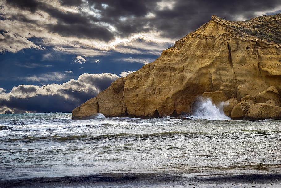 sea, clouds, sky, landscape, costa, storm, waves, stones, marina HD wallpaper