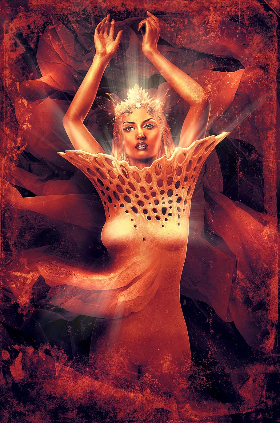 book cover, enlightenment, woman, body, red, composing, photomontage