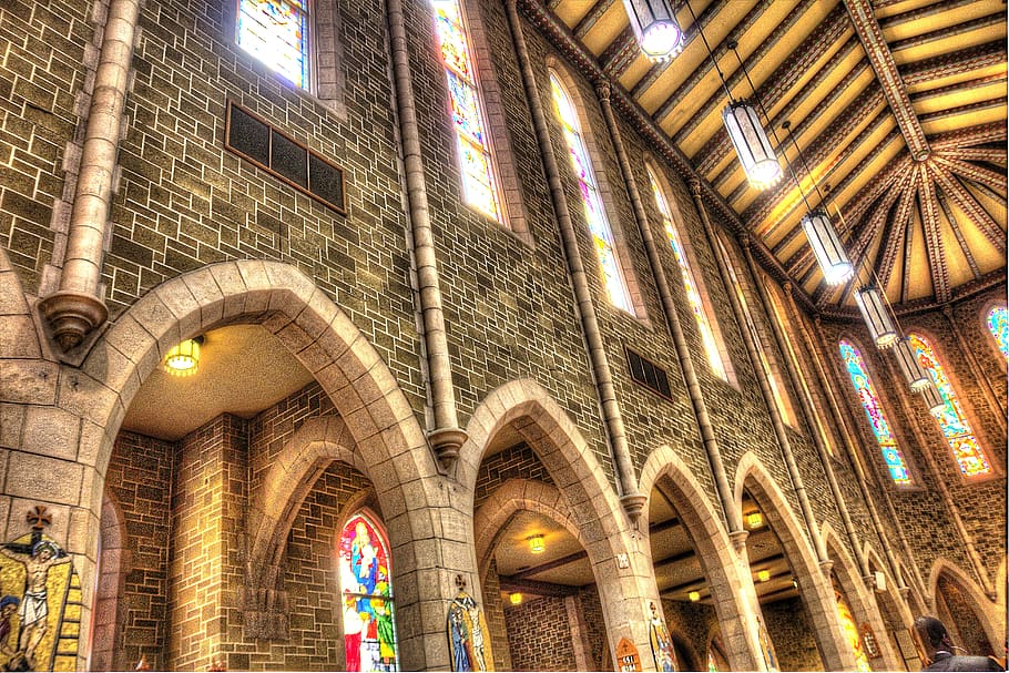 canada, edmonton, st joseph's cathedral hall, stained glass window, HD wallpaper