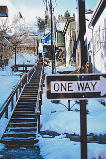 One Way Road Sign and Empty Staircase, city, cold, daylight, direction HD wallpaper