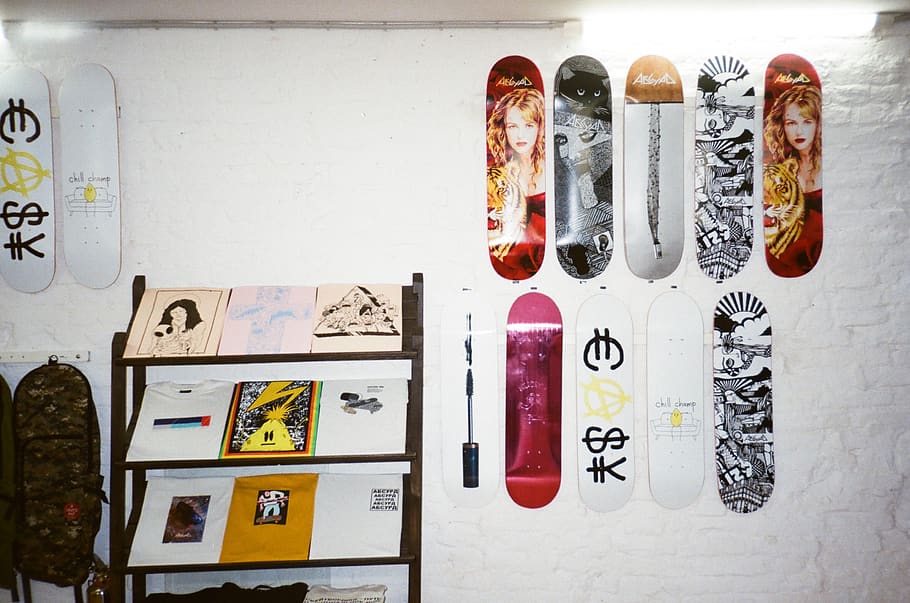Assorted Skateboard Deck Hanging on Wall, artistic, artwork, bright HD wallpaper