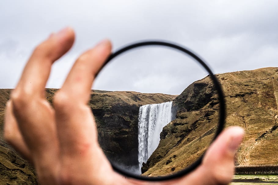 selective focus photography of waterfalls, view, perspective HD wallpaper