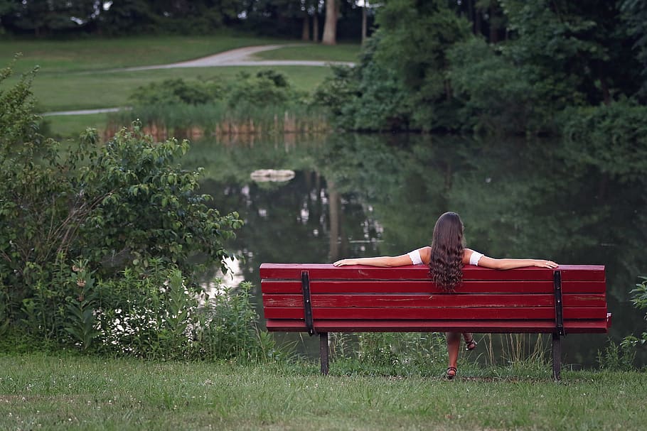 Photography of Woman Relaxing On Bench, back, environment, female HD wallpaper