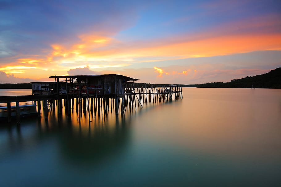 Wooden House in Body of Water during Sunset Photo, dawn, jetty HD wallpaper