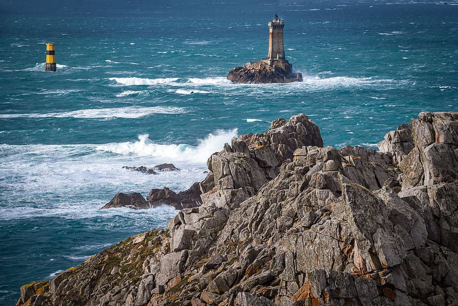 sea, rock, lighthouse, blue, ocean, landscape, marin, the pointe du raz, HD wallpaper