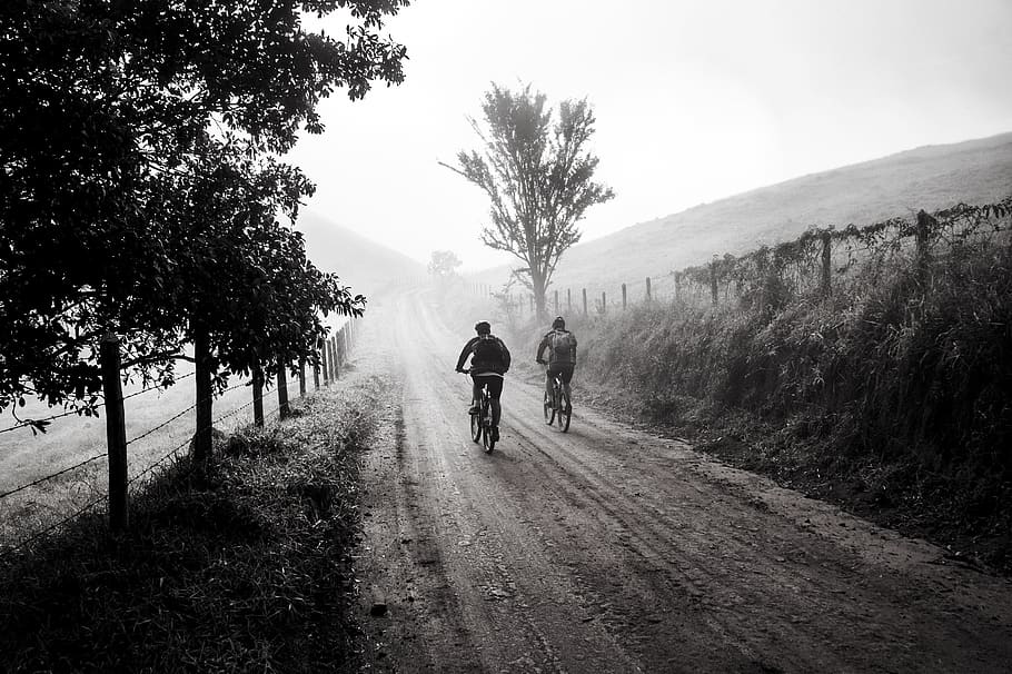 Grayscale Photography of Two Person Biking, cycling, dawn, fog