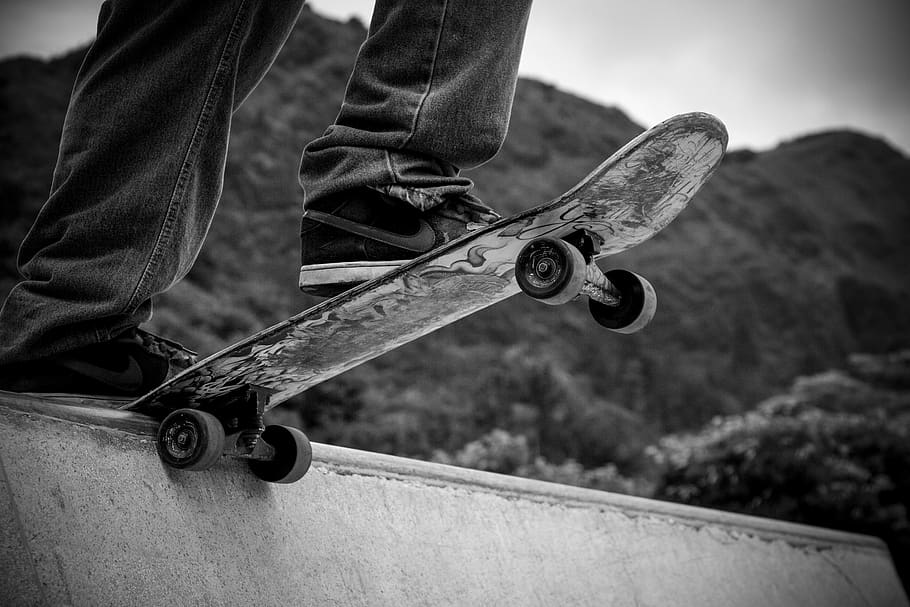 Person Standing on Skateboard Grayscale Photography, fun, hobby HD wallpaper