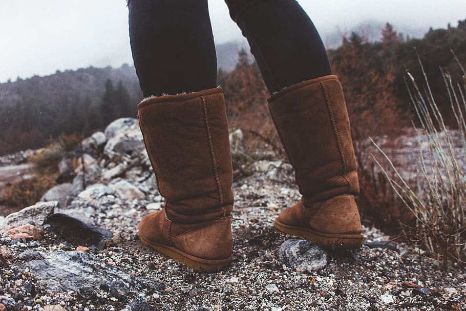 Close-Up Photography of a Person Wearing Brown Winter Boots, blur HD wallpaper