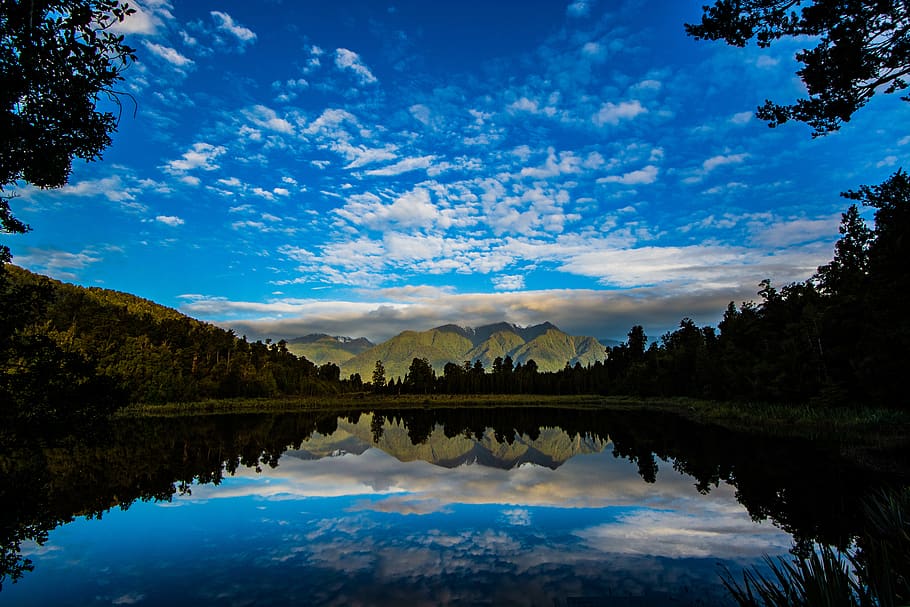 new zealand, lake matheson, mirror lake, dusk, water reflection