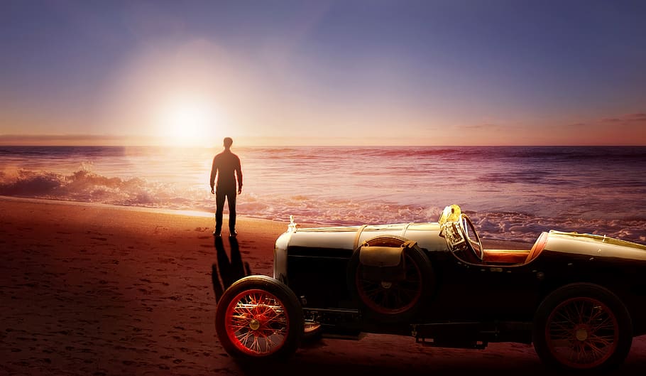 sunset, sea, oldtimer, man, sand, beach, footprints, lighting HD wallpaper