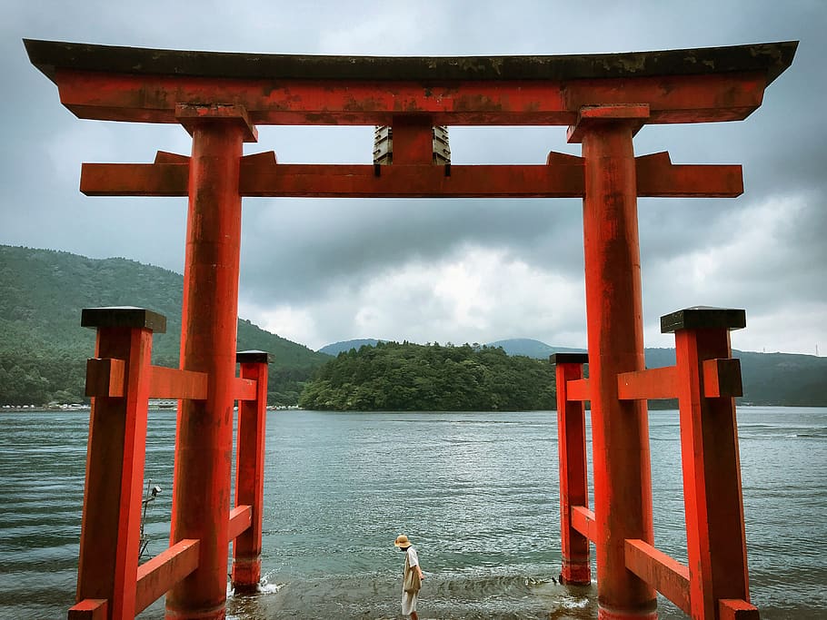 torii, shrine, water, built structure, red, religion, architecture HD wallpaper