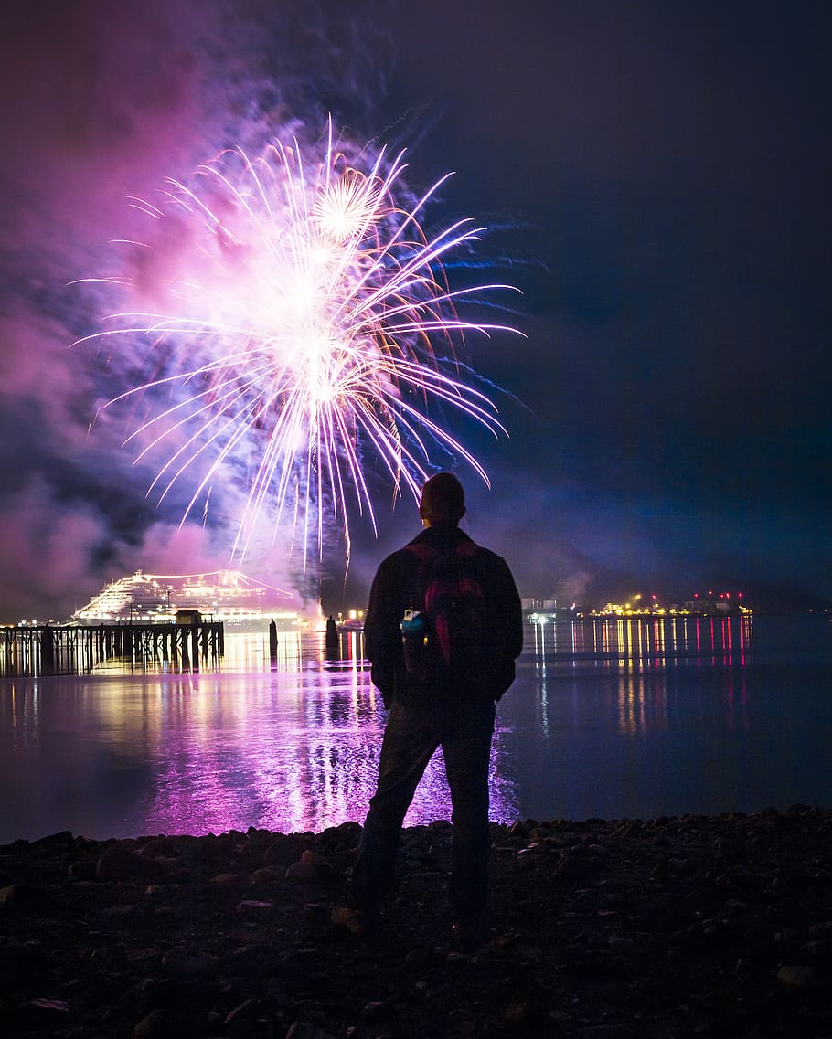 looking, man, standing, fire, light, lit, fireworks, independence