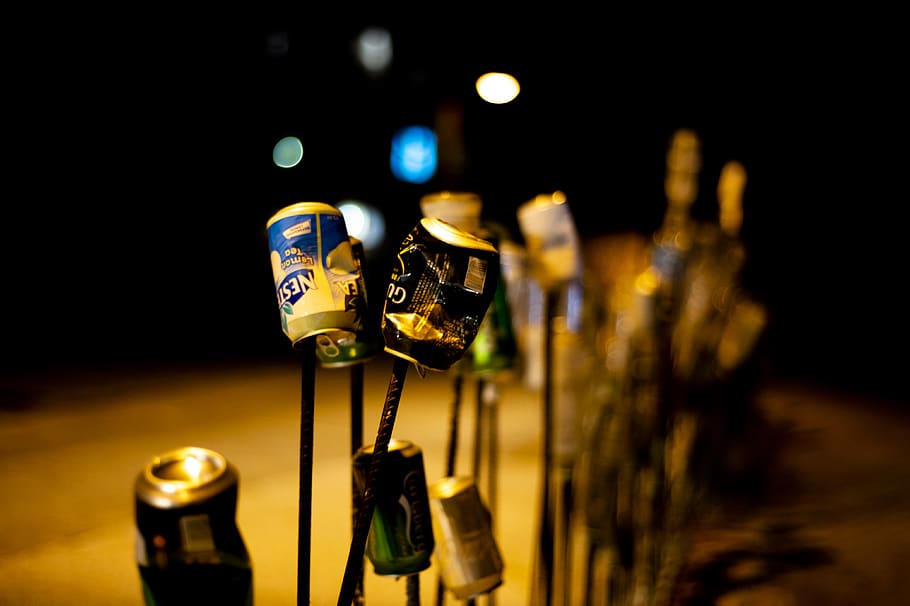 recycle, cans, cans on a stick, enviromental friendly, nightphotography