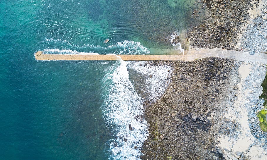sea, ocean, water, waves, nature, coast, rocks, shore, aerial HD wallpaper