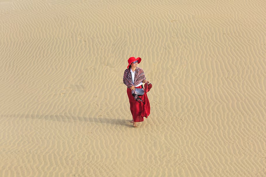 Woman Wearing Red Dress Walking on Empty Desert, adventure, barefoot HD wallpaper