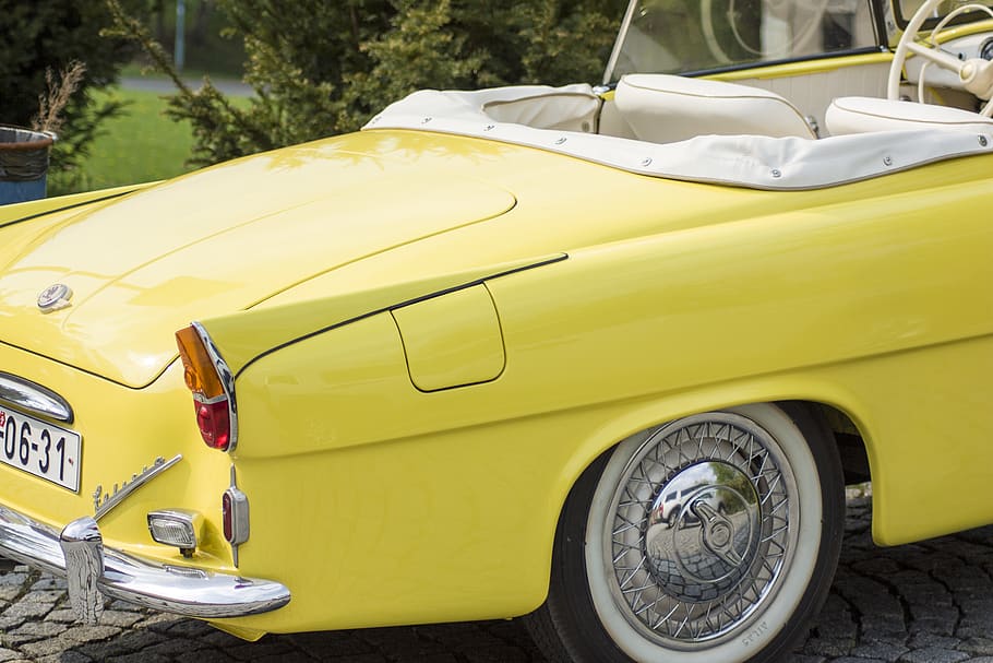 parked yellow convertible, car, vehicle, automobile, transportation HD wallpaper