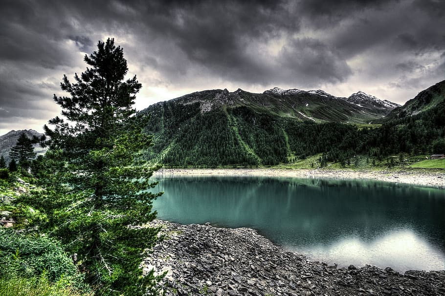 lake, water, mountains, landscape, nature, outdoors, grey, clouds, HD wallpaper