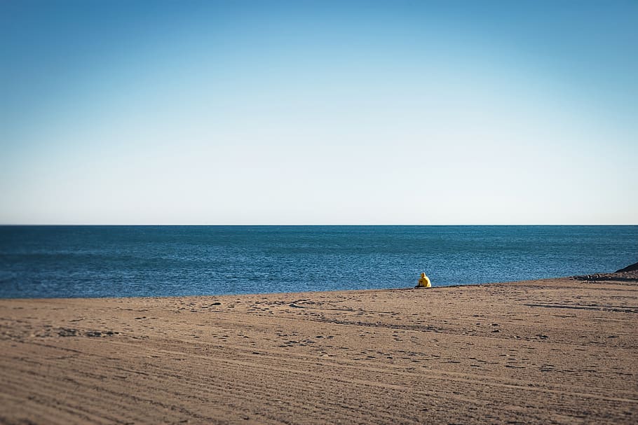 sea, man, sitting, beach, ocean, alone, person, relax, sand HD wallpaper